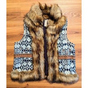 Sundance Womens Size XL Faux Fur Trim Everleigh Vest Beaded Boho Hippie Hook Eye